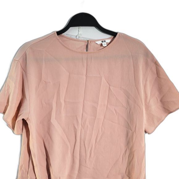 UNIQLO Pink Crinkle Oversized Boxy Short Sleeve Key Hole Back Blouse Crew Neck S - Picture 1 of 7